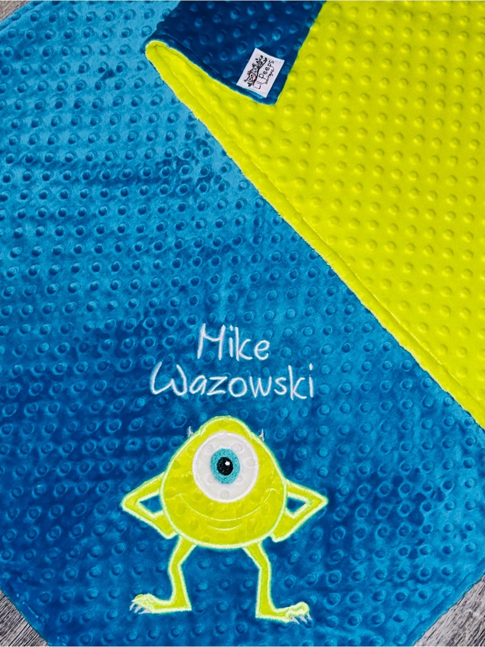 Handmade Mike Wazowski Blue & Lime Minky Baby Blanket size 31x54 Monsters Inc